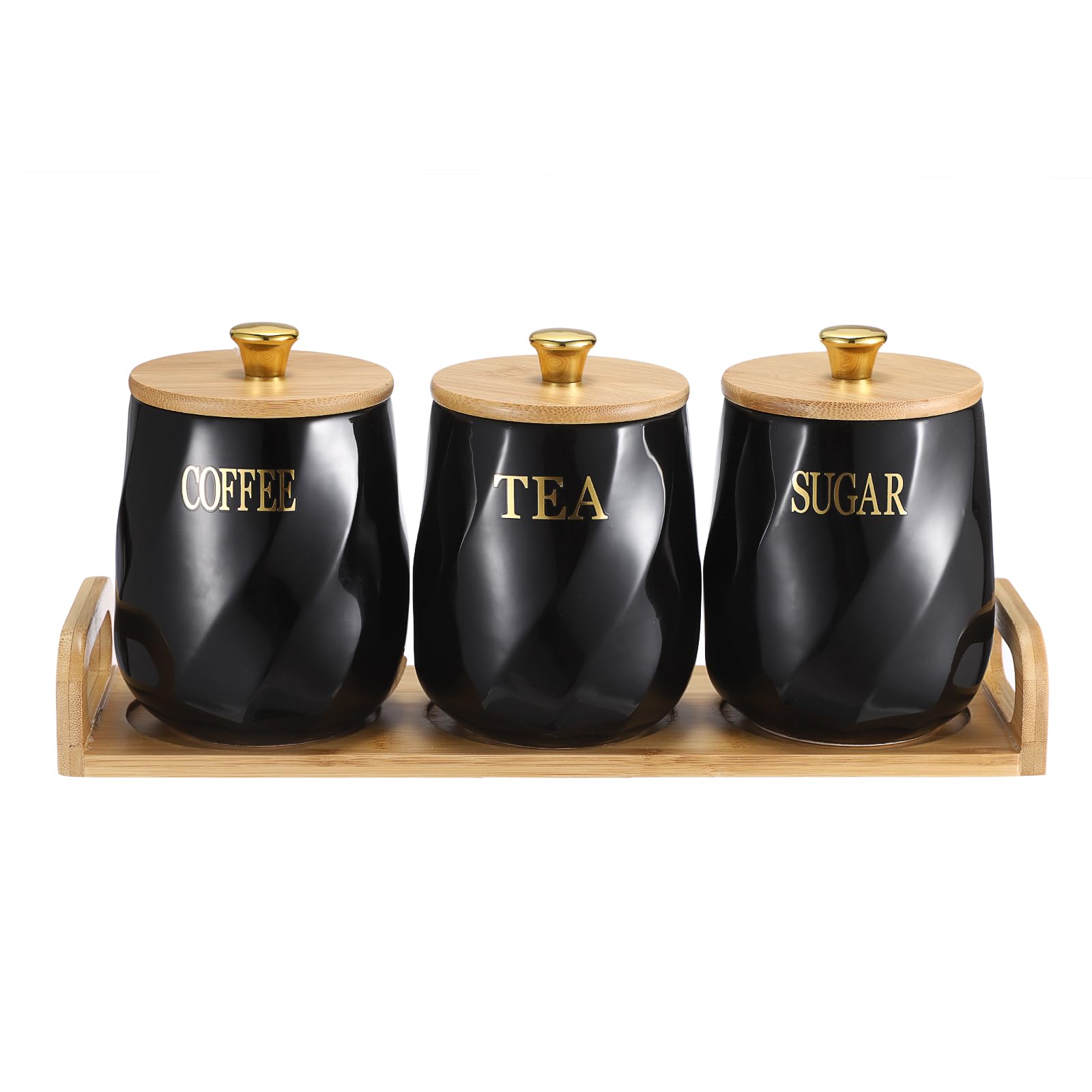 BTSKY Contenitori da cucina in ceramica con coperchio e vassoio, contenitori ermetici neri per zucchero, caffè, tè con vassoio in legno, barattoli per alimenti per bancone della cucina