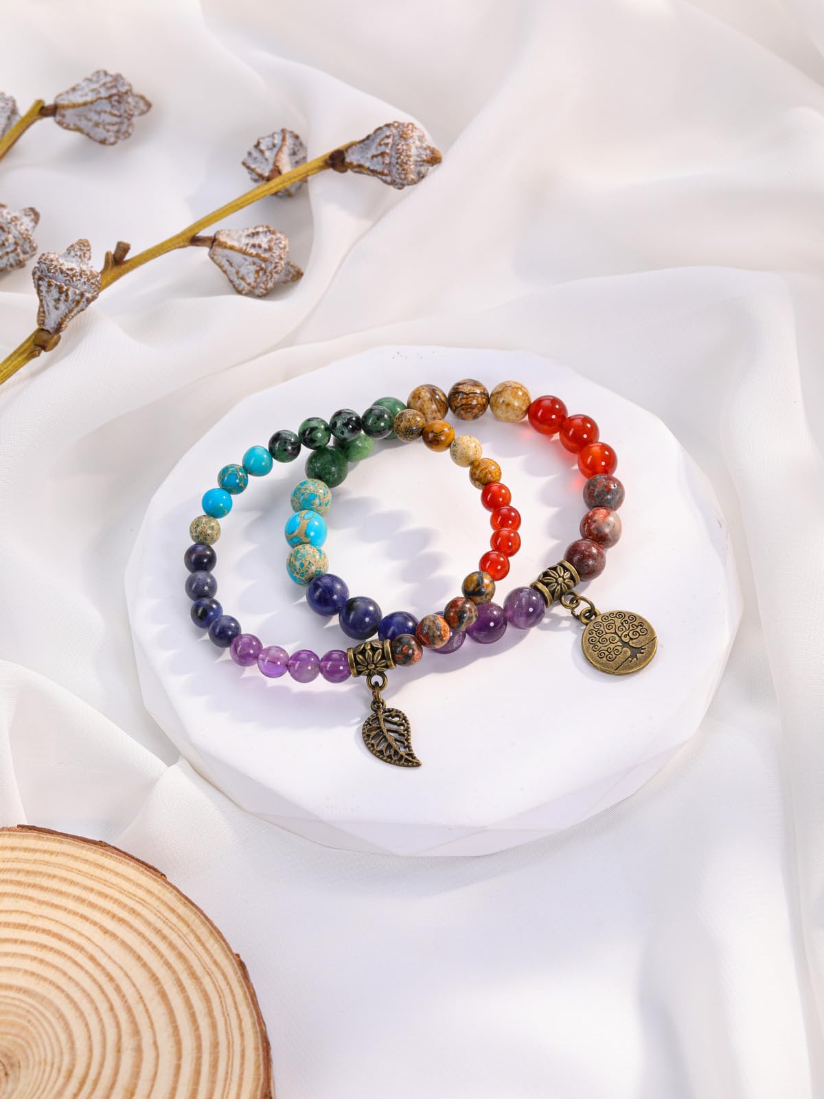 JSDDE - Soporte para incienso con árbol de cristal, 7 chakras, lote de quemador de incienso cascada de cerámica con pulsera de árbol de la vida, piedras naturales, quemador de reflujo, decoración de