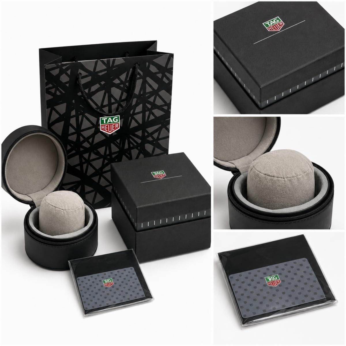 Boîte Montre Cuir Noir Étui Montre Rond Unique Support Rangement Bracelet Gris Doublure Douce pour TAG Heuer Grand Carrera