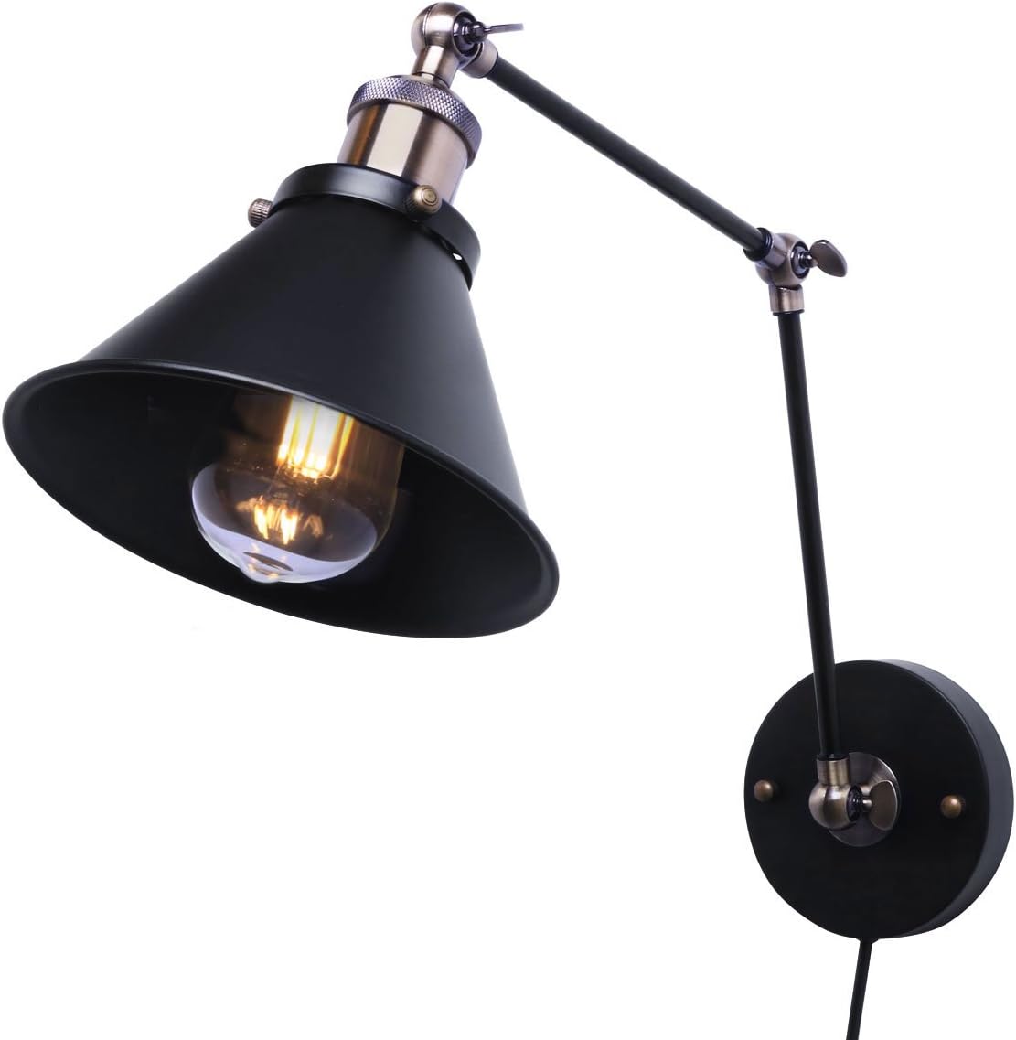 Metal Wall Sconces Lamp, Tausende Rustic Indoor Wall Sconces Light Décor Fixtures with Plug in Cord On/Off Switch for Bedside Reading Light Wall Mount Swing Arm Wall Lamp Black