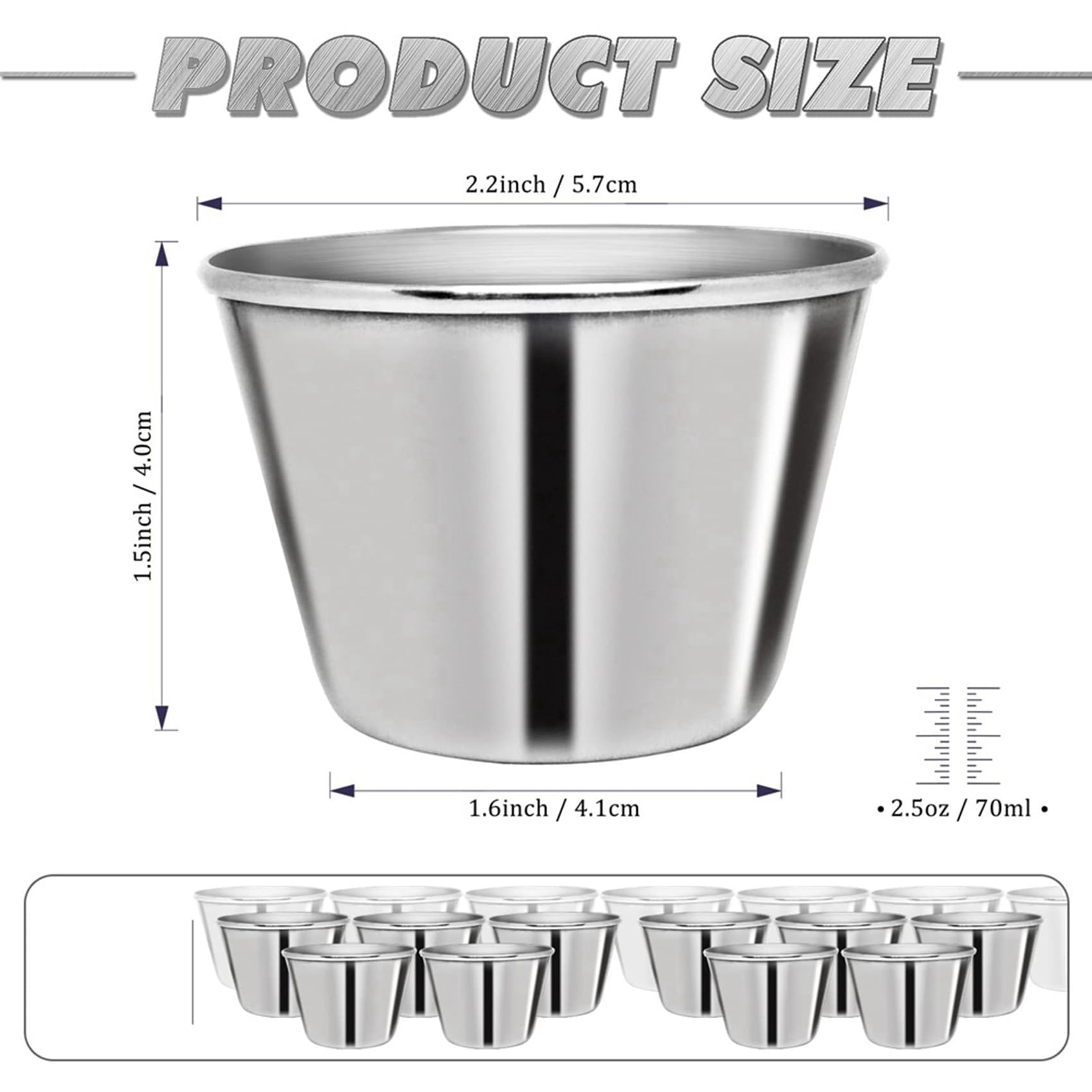 100 Pezzi Tazze per Salsa in Metallo 2,5oz Ramechini, Tazze per Salsa in Acciaio Contenitore per Condimenti in Metallo Riutilizzabile