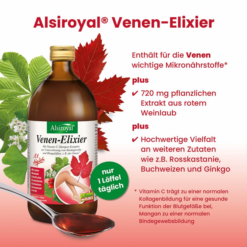 Alsiroyal Venen-Elixier – 22% Agavendicksaft - Rotes Weinlaub‐Extrakt, Vitamin C, Mangan & Magnesium – Unterstützt gesunde Venen, Bindegewebe & Durchblutung – Nahrungsergänzung