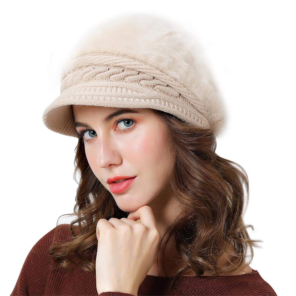 Lachi Ladies Winter Hat Beret Winter Hat for Women Knit Beanie Cabbie Cap Visor Warm Skullcap Knitted Ladies Cloche Khaki