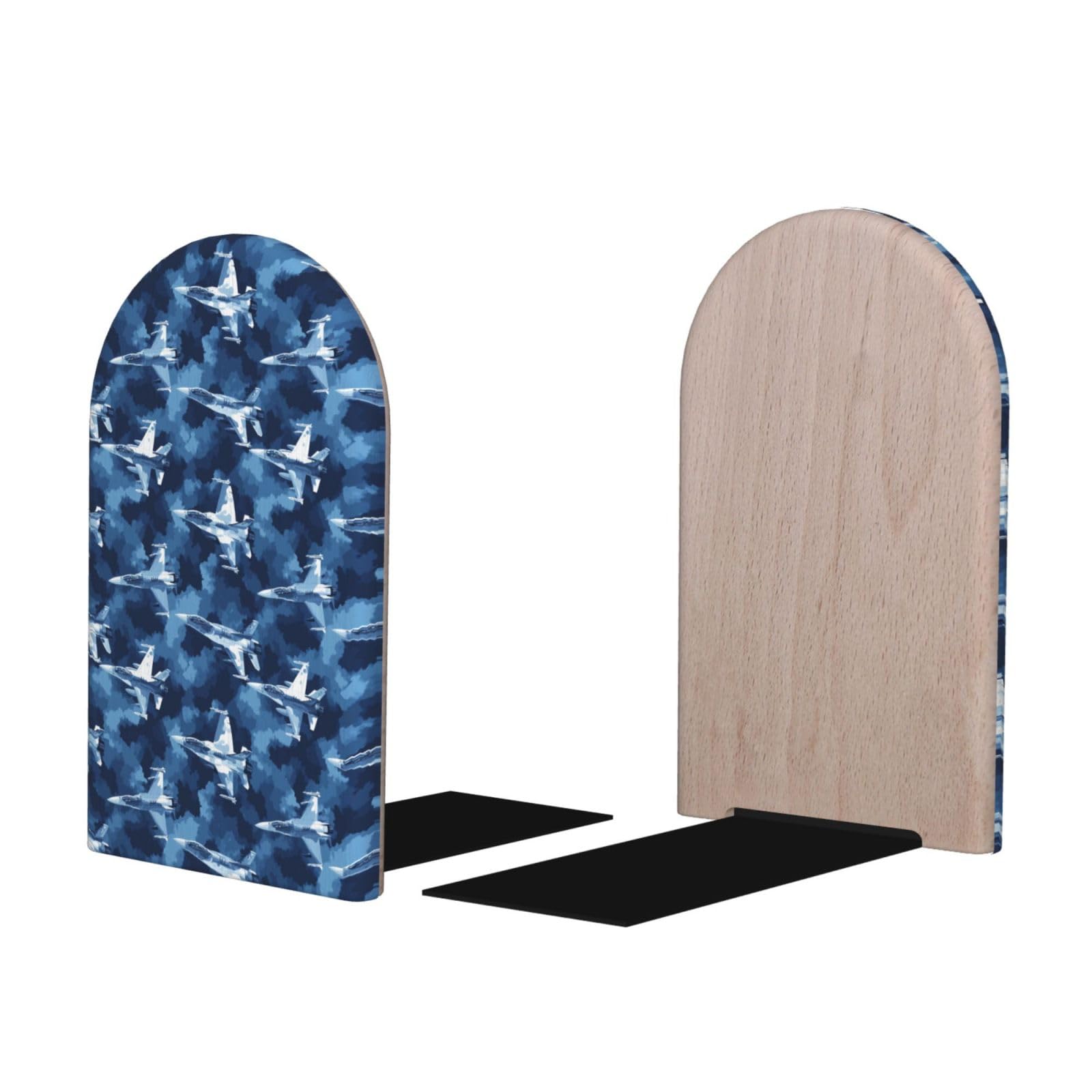 Navy Blue Camouflage Airplane 1 Print BookEnds 1 Pair, Decorative Bookends for Heavy Books, Wood Book Ends for Shelves, Book Organizer for Home Desk Office Supplies