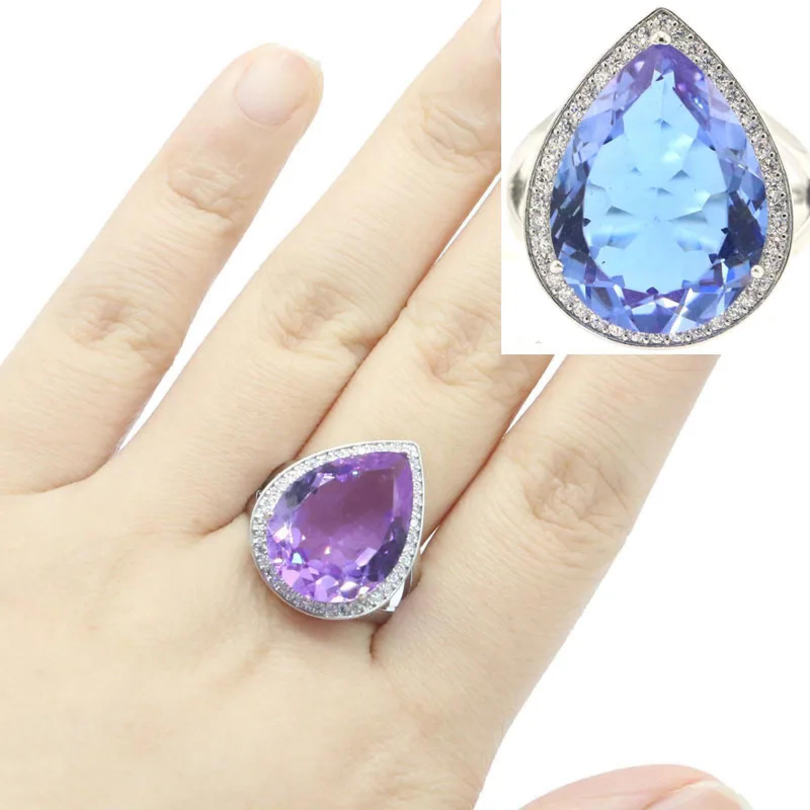Anello Anelli Gioielli Donna Uomo Accattivanti Anelli di Fidanzamento in Argento con Zirconi Bianchi E Topazio Alessandrite Che Cambiano Colore, 20 X 15 Mm, 7 Zultanite