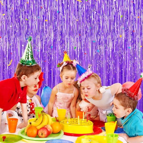 Image of Purple Foil Curtain Backdrop, 2Pack Metallic Tinsel Foil Fringe Curtains Photo Booth Props for Birthday Wedding Engagement Bachelorette Baby Shower Christmas Holiday Celebration Party Decorations