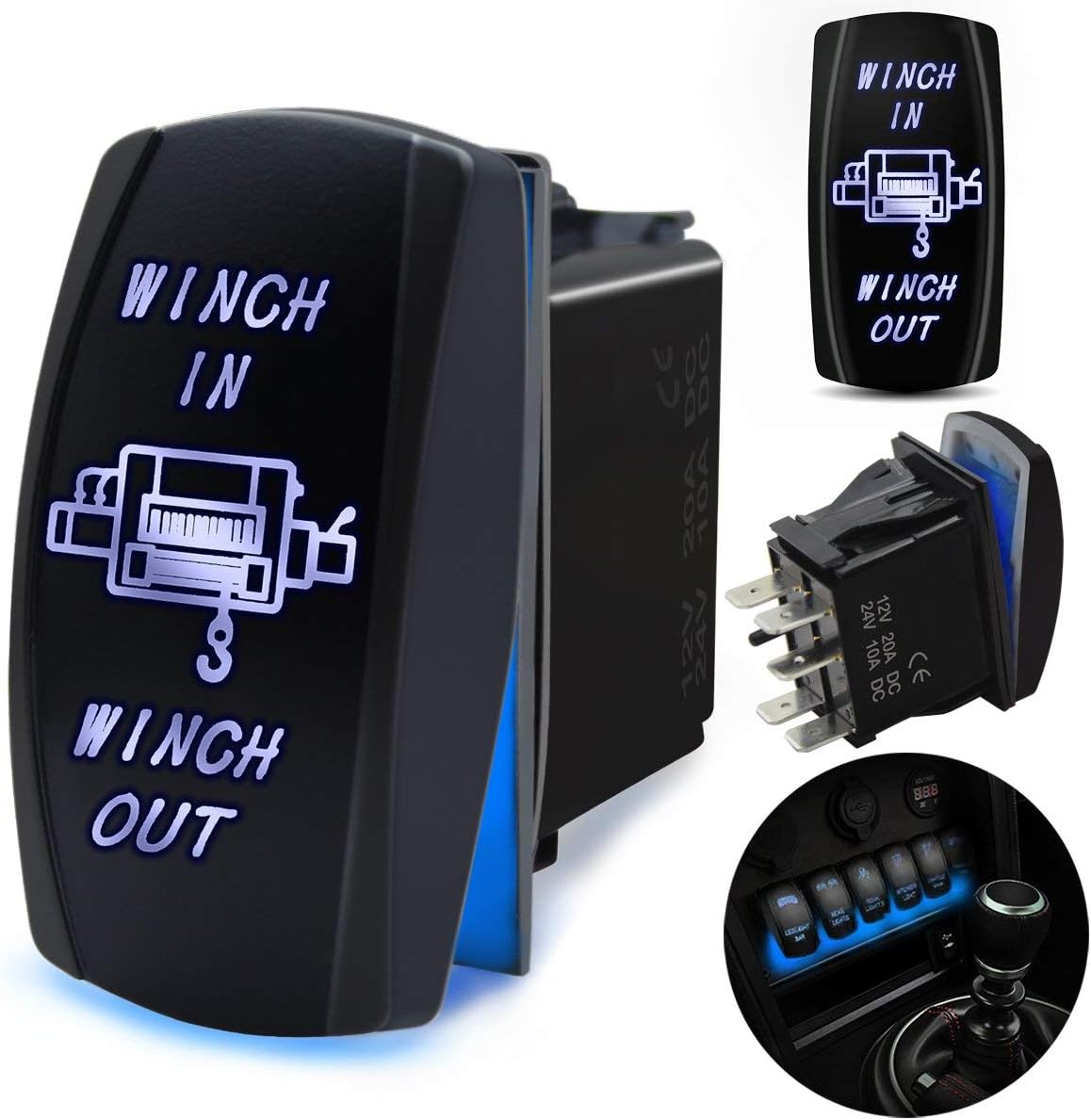 7 Pin Winch in/Out Momentary Rocker Switch Laser ON-Off-ON Two LED Backlit Blue Light 20A 12V for Auto Automotive Motorcycle Truck Boat Marine Off-Road ATV Replace Kit (with Jumper Wire)