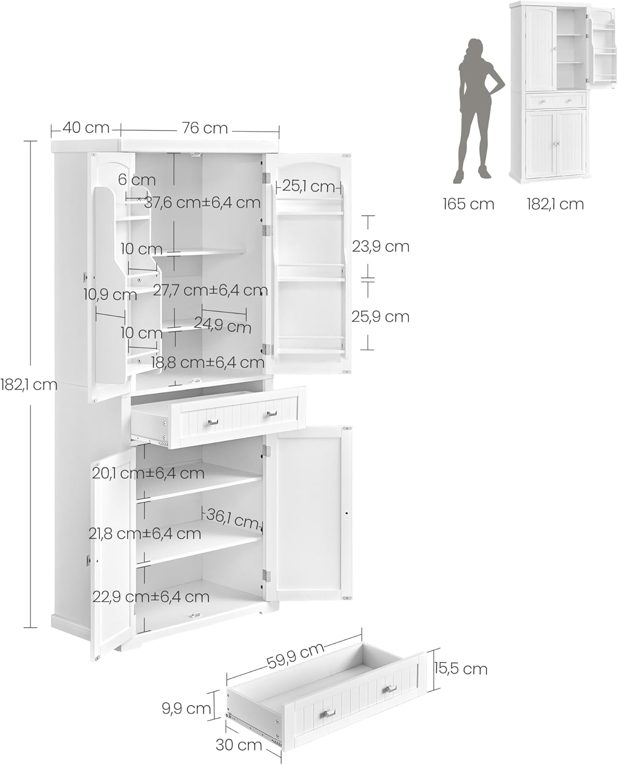 Diagram showing the dimensions of the VASAGLE Kitchen Cabinet.