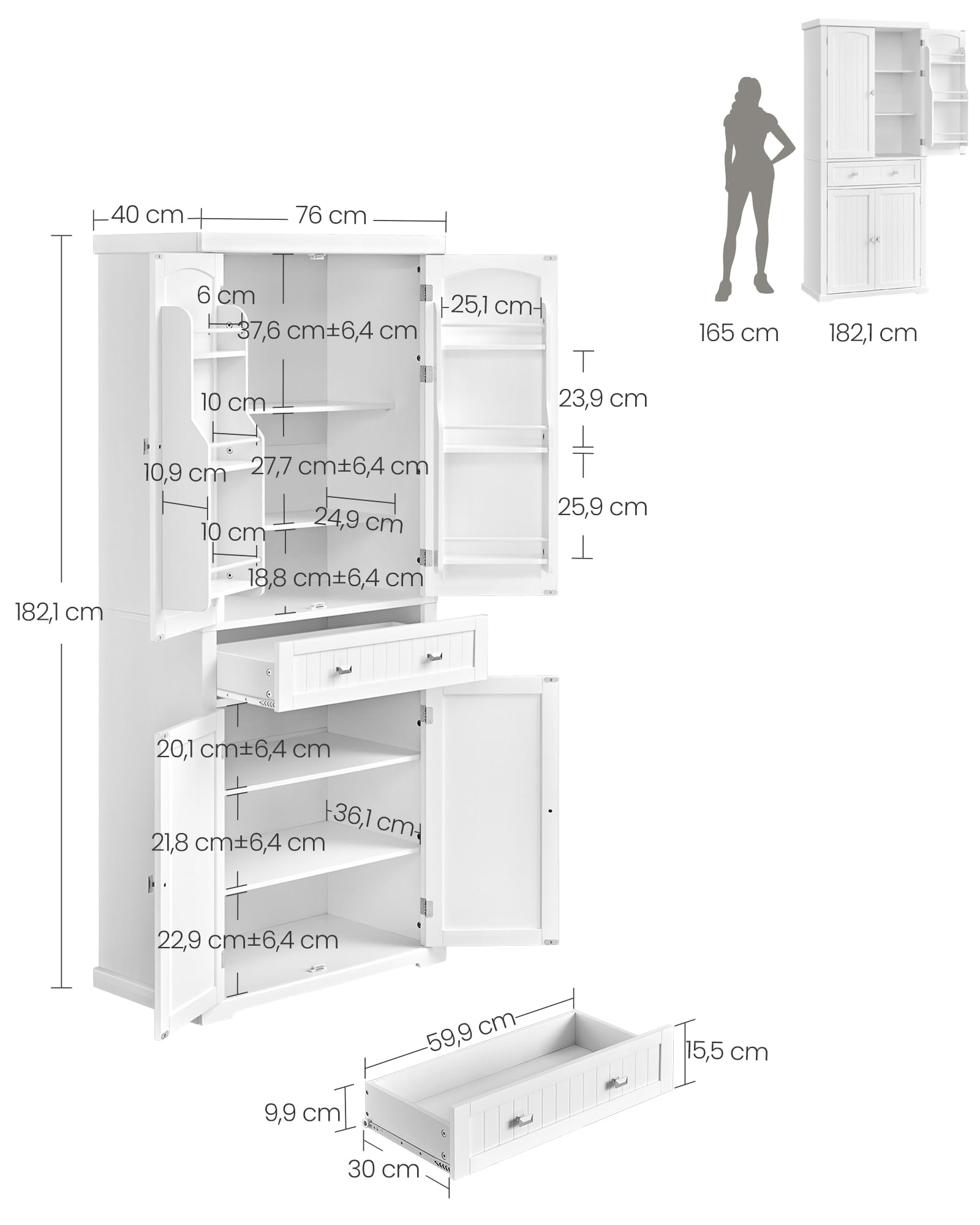 VASAGLE Küchenschrank, Hochschrank Küchenbuffet Vitrinenschrank, Buffetschrank mit Verstellbaren Ablagen, Esszimmerschrank mit Schubladen, für Wohnzimmer Küche, 40 x 76 x 182,1 cm, Weiß BBC561W21