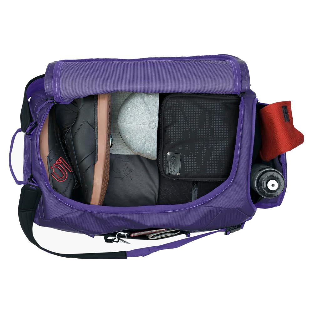 EVOC DUFFLE BAG 60 Wodoodporna torba podróżna i na sprzęt (torba podróżna z odpinanym paskiem do noszenia, uniwersalnym zastosowaniem i zamkiem, bez PVC, rozmiar M), fioletowo-czarna