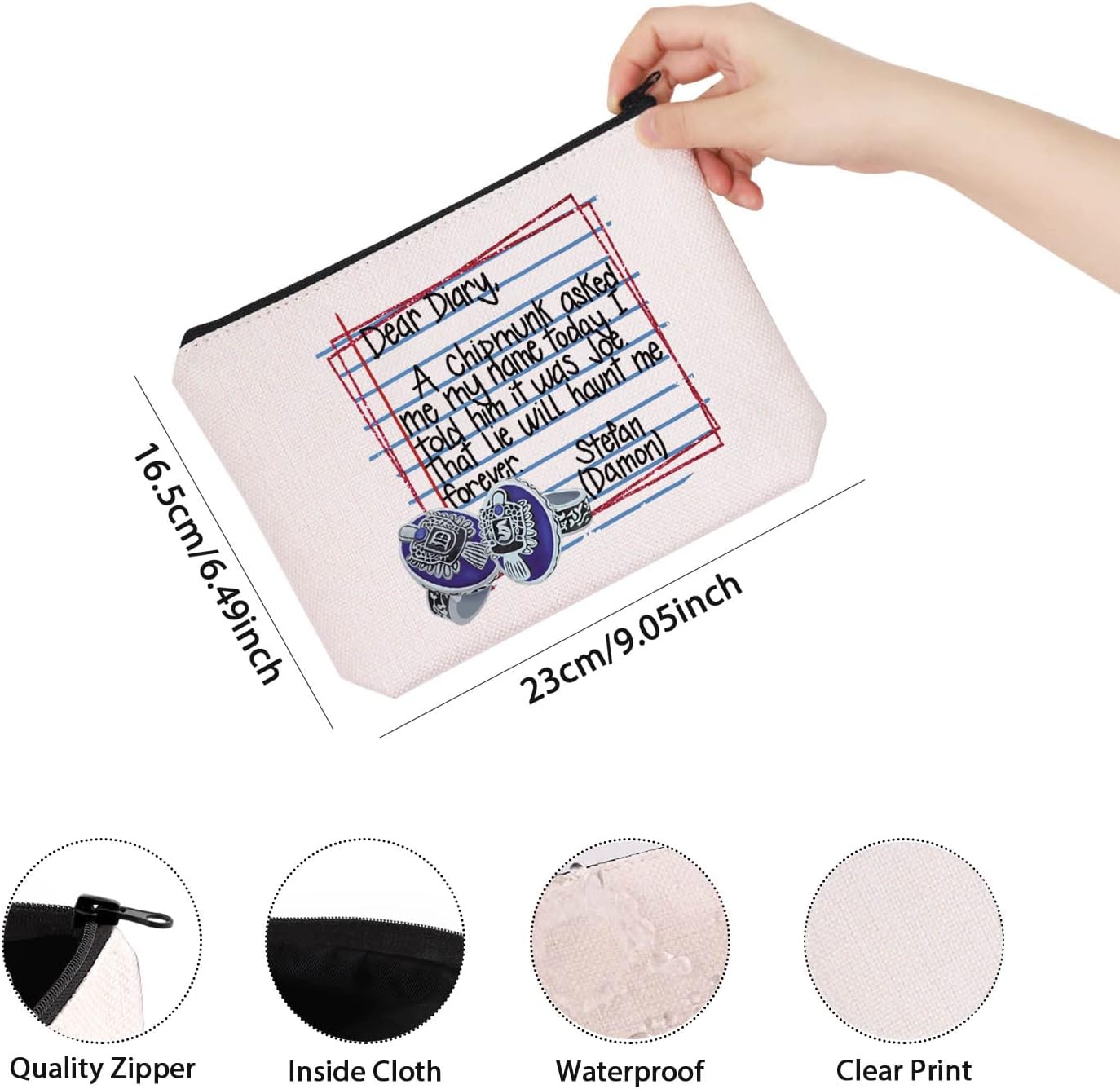 TSOTMO Vampire Damon Gift Salvatore Brothers Vampire Fans Gift Vampire Fandom Zipper Cosmetic Bag (Dear Diary) - Image 2