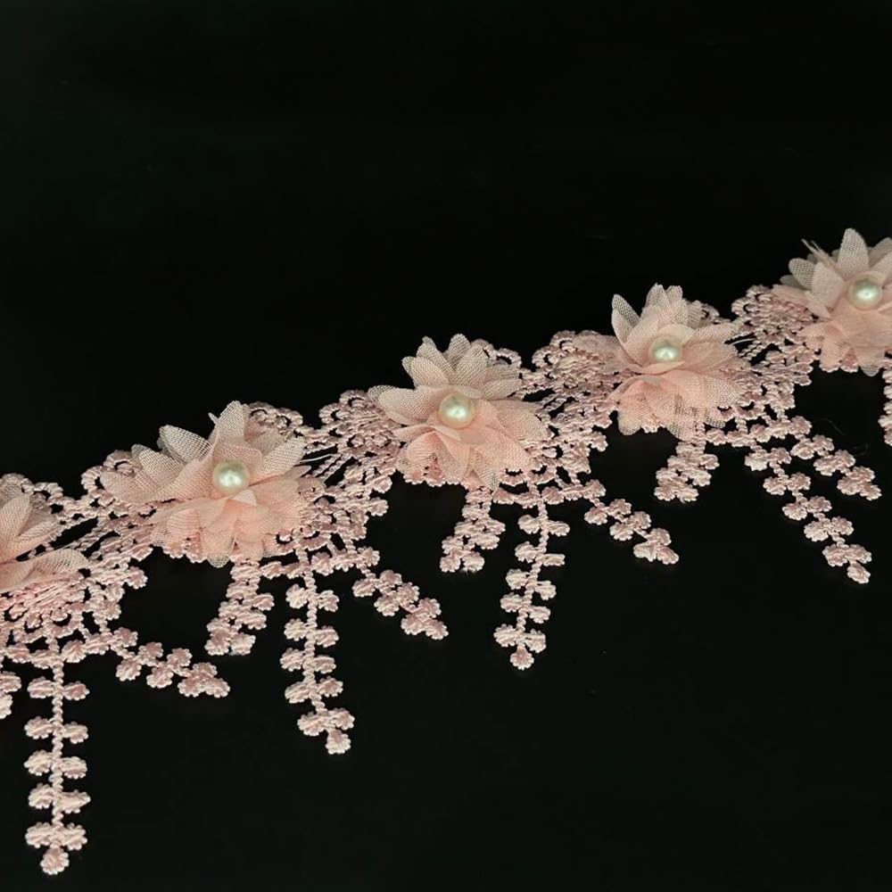 1 Yard Flower Pearl Beads Edge Trim Ribbon Floral Appliques Embroidered Lace Fabric Sewing Lace for Wedding Bridal Dress Clothes Costume Hat Decoration (Red, 1 Yard)