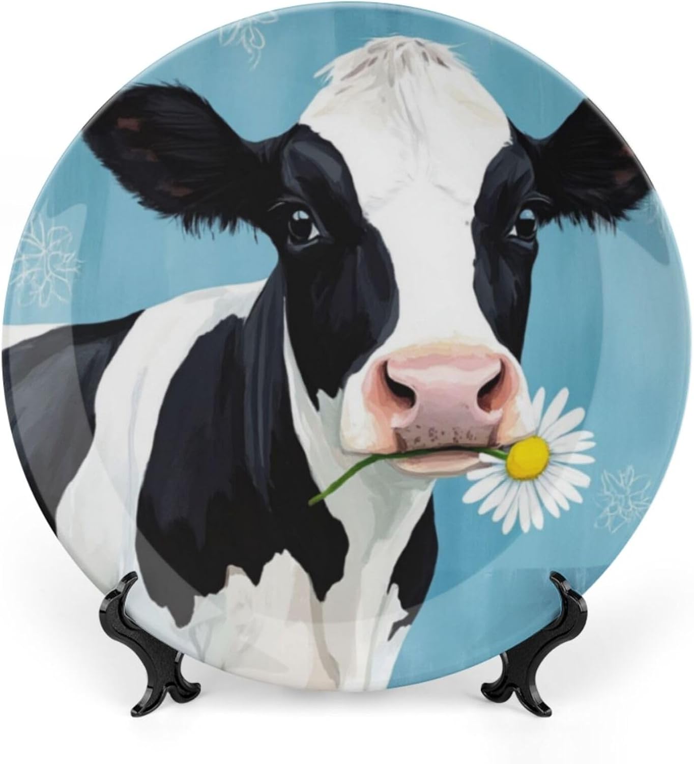 Cow Theme Decorative Ceramic Plate Round Porcelain Plate,10 inch,Pastoral Pattern,for Decorative Ornaments Giving Plates,1 Plate with 1 Display Stand,Black White
