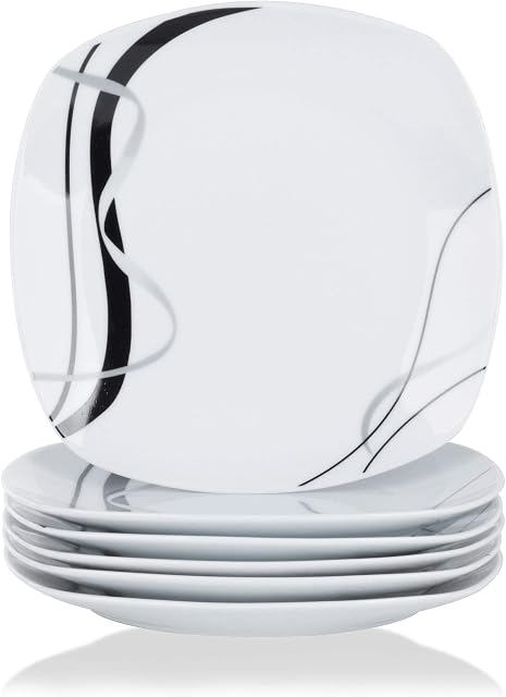 VEWEET 'Fiona' 6-Piece 9.75" Dinner Plate Ivory White Porcelain Black Decals Round Plates Dinning Set Ketchen Service Porcelain China Dinner Plate (24.7 * 24.7 * 2.2)