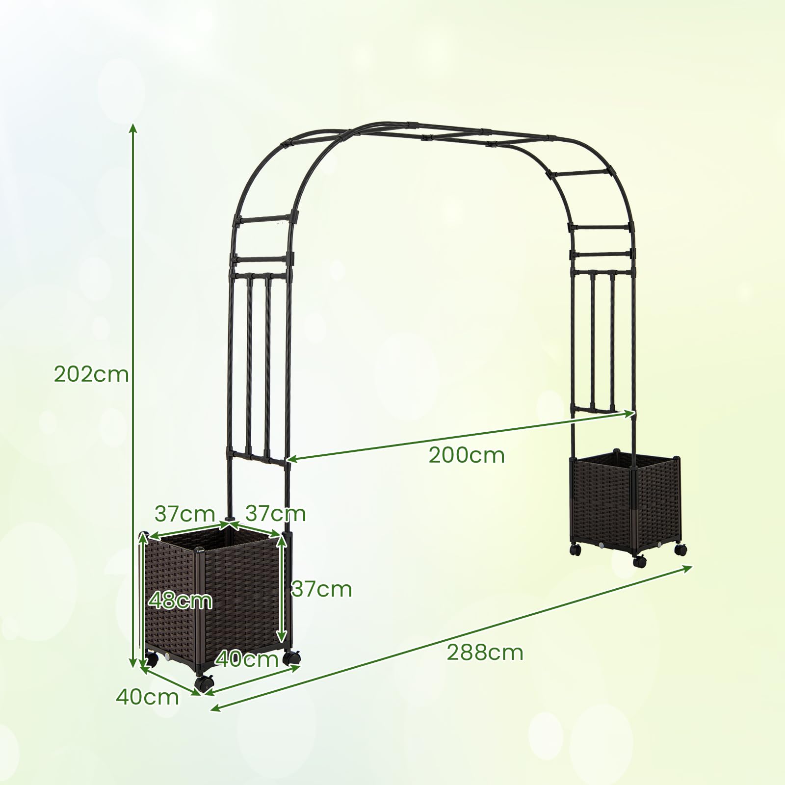 GOPLUS Rosenbogen mit Pflanzkästen, Gartenbogen mit Metallrahmen, selbstbewässernden Pflanzkästen mit Rollen, Torbogen Garten, Rosen Rankhilfe, Pergola mit Blumenkasten (288 x 40 x 202 cm)