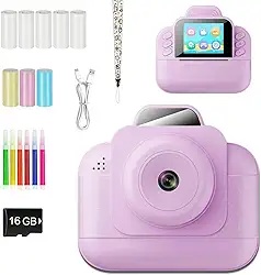 Kit de Câmera Infantil, Incluindo 5 Rolos de Filme, 3 Rolos de Filme Colorido, Cartão de Memória de 16 GB, Lápis de Cor, Cordão e Função de Impressão Instantânea (Roxo)