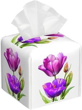 Watercolor Purple Tulip Square Tissue Boxes, Tissue Box Cover 5.2"x5.2"x5.2" for Home/Car/Office/End Table