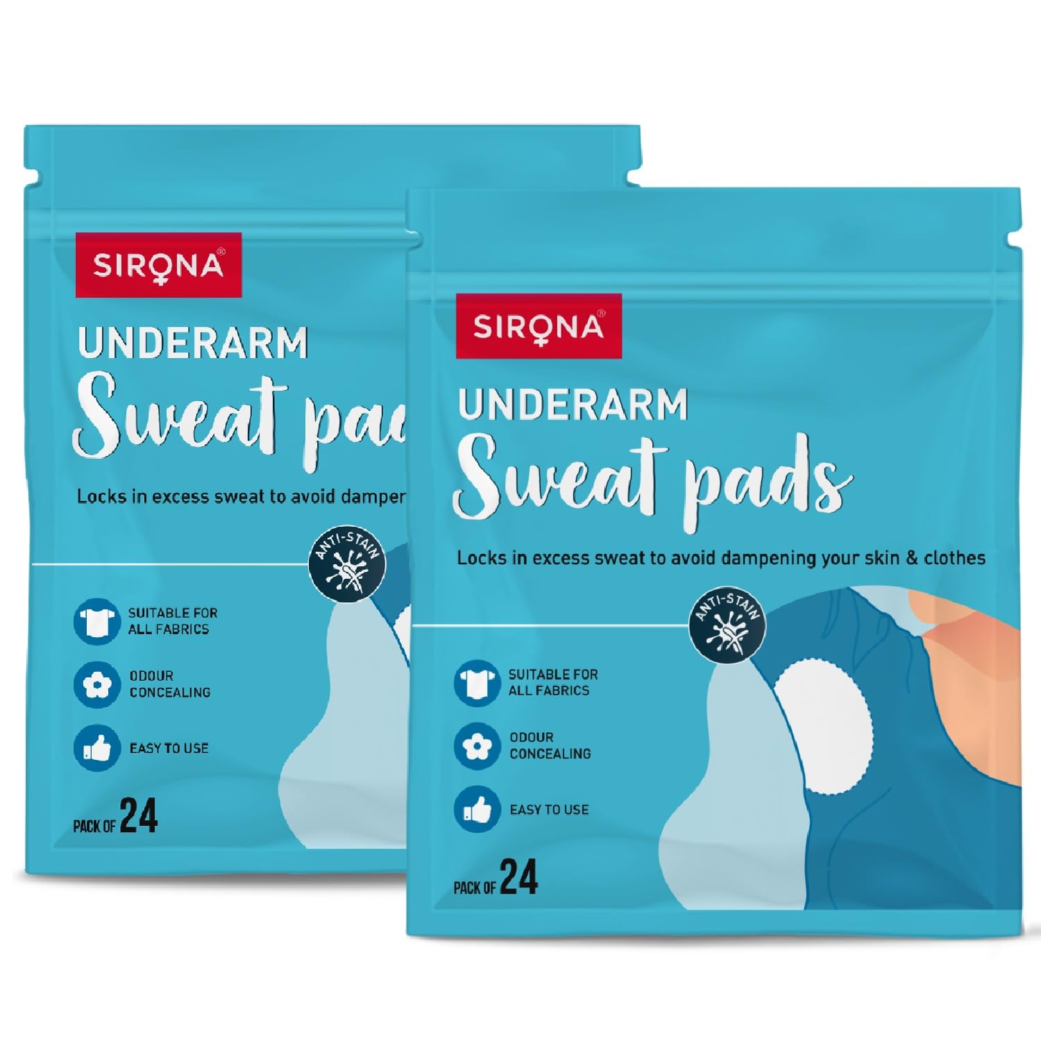 Sirona Disposable Underarm Sweat Pads for Men and Women - 24 Pads (Pack of 2) | Peel-off | Prevents Stains, Absorbs Sweat & Unpleasant Odour
