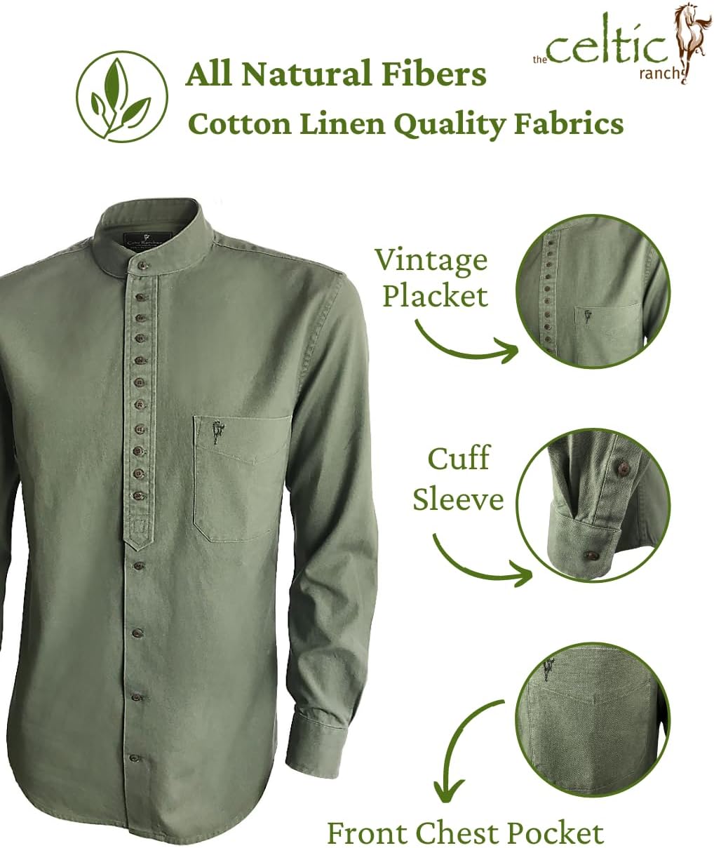 The Celtic Ranch Collarless Shirt for Men, Irish Grandfather Cotton Linen Long Sleeve Button Down Banded Collar Dress Shirt - Image 2