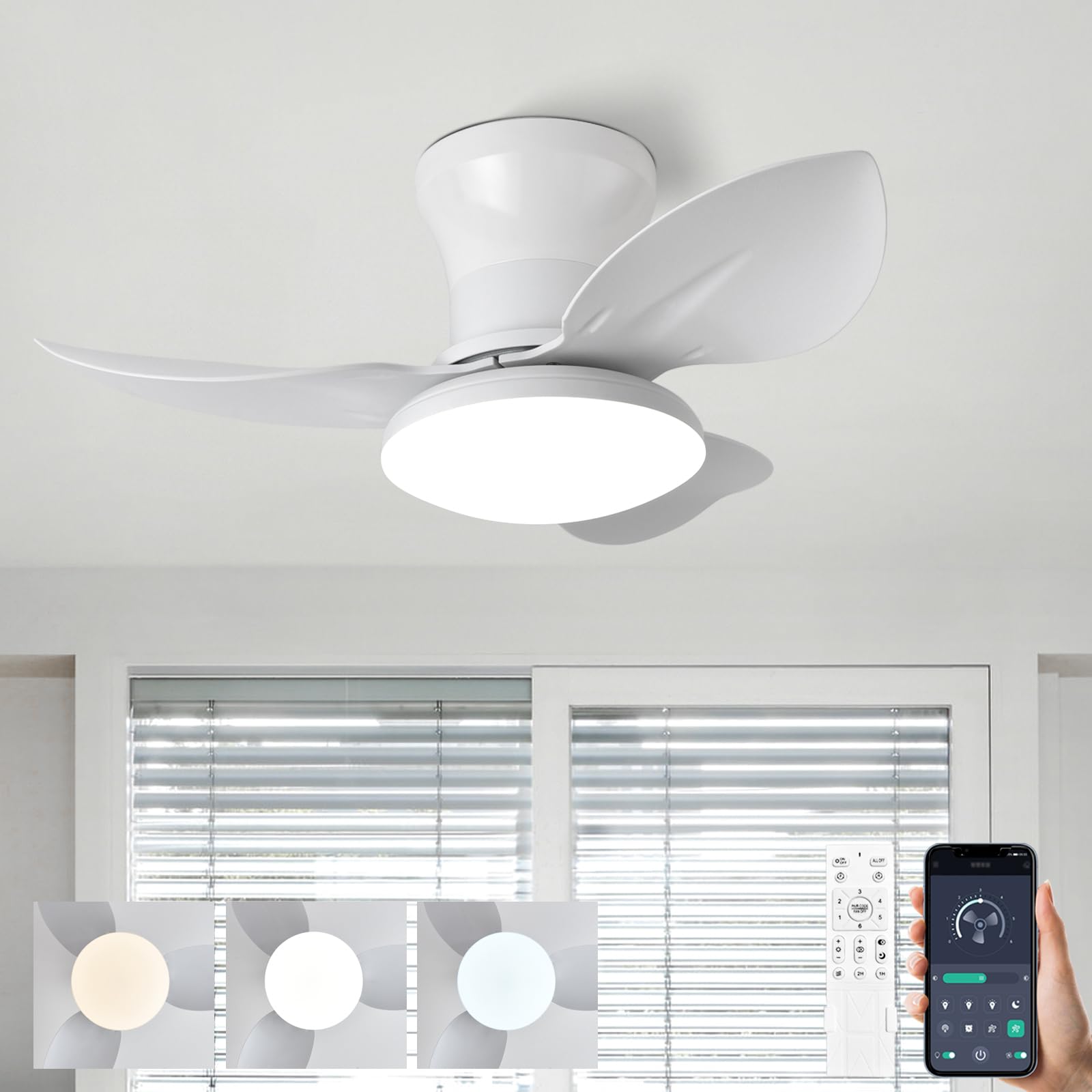 SXDMOUBK LED Ceiling Fan Chandelier with Remote Control 3 Blade Quiet Design Reversible DC Dimmable Lighting for Bedroom Living Room Office White 65CM