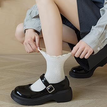 HAPEE Womens Ruffle Slouch Socks,Cute Cotton Crew Socks, Novelty Casual ankle socks Knit Socks 5 Pairs