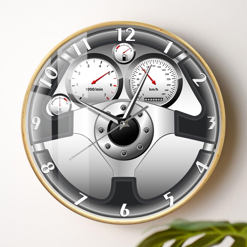 12'' Sport Car Steering Wheel and Dashboard Wall Clock, Silent Non Ticking Battery Operated Automobile Artwork Wall Clock Automotive Drive Auto Style Wood Round Clock for Man Cave