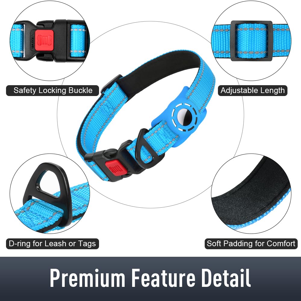 Airtag, collare per cani e cuccioli, collare riflettente per cani con supporto AirTag, morbido imbottito e fibbia di sicurezza, collare in nylon regolabile per tutte le razze, blu cielo
