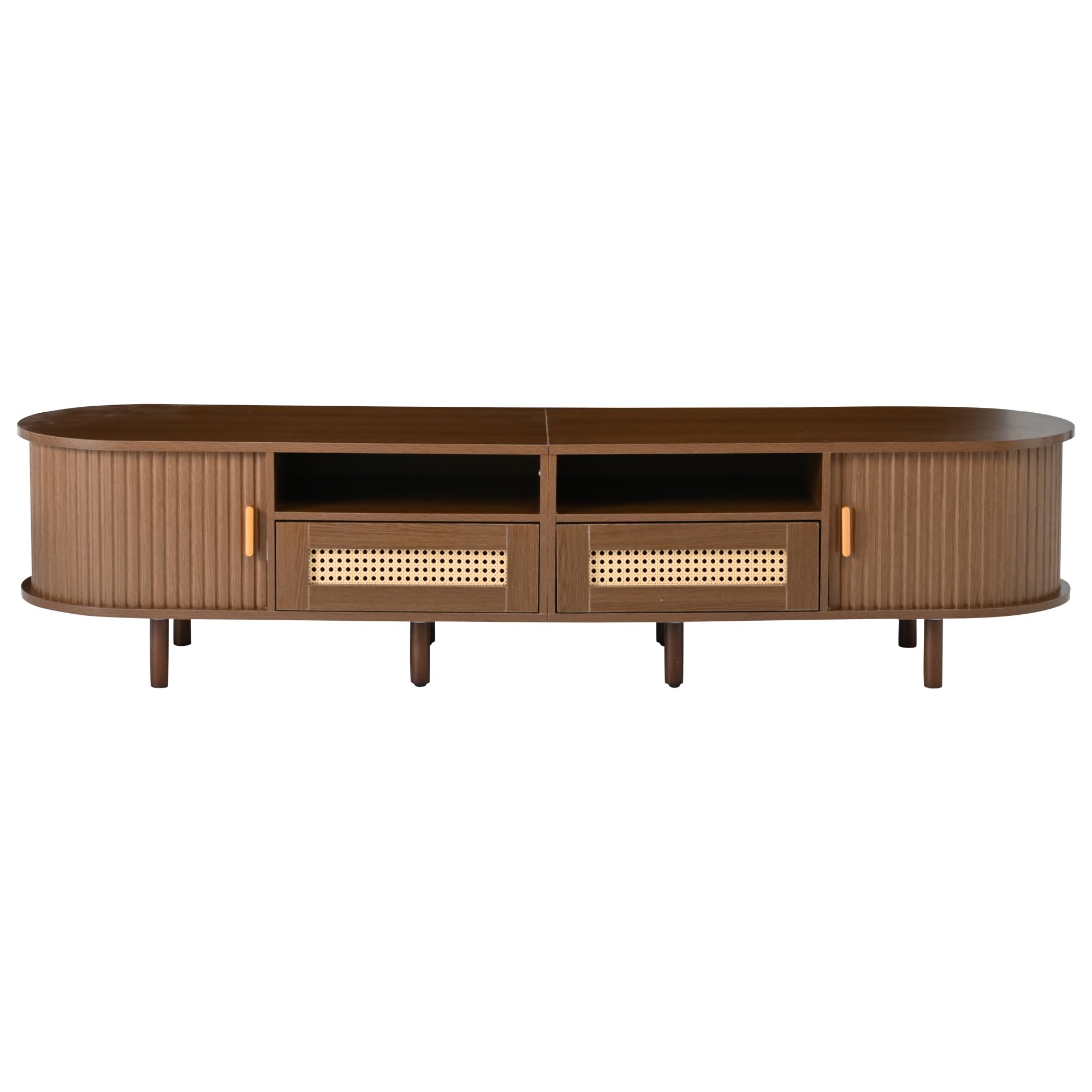 SACOOL Supporto per TV ovale e tavolo per TV, 170 x 40 x 40 cm, mobile TV con 2 cassetti design in rattan, 2 ante scorrevoli, lowboard fino a 70 pollici, tavola TV e cassettiera TV, noce