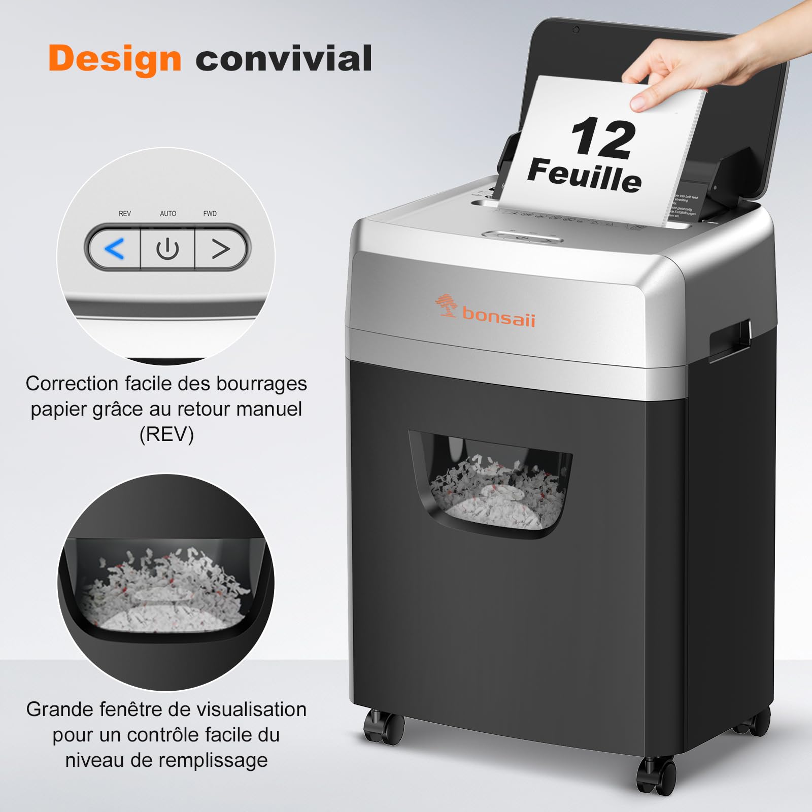 Bonsaii Destructeur de Documents Alimentation Automatique 160 Feuilles Coupe Croisée P-4 60 Minutes Fonctionnement Continu Bac 23 Litres C290-A