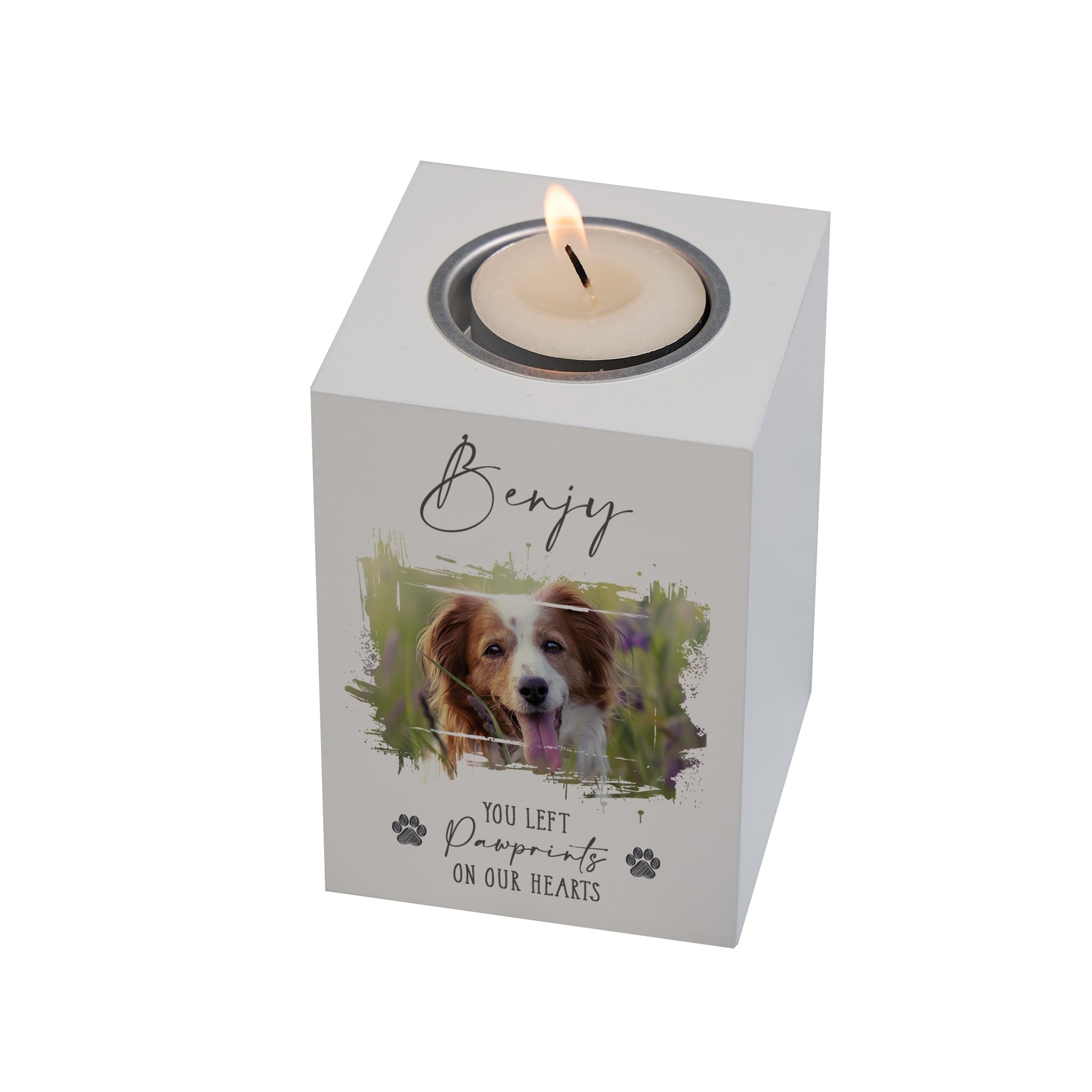 Personalised Remembrance Pet Memorial Photo Candle Tealight Holder, H 10cm W 7cm, White