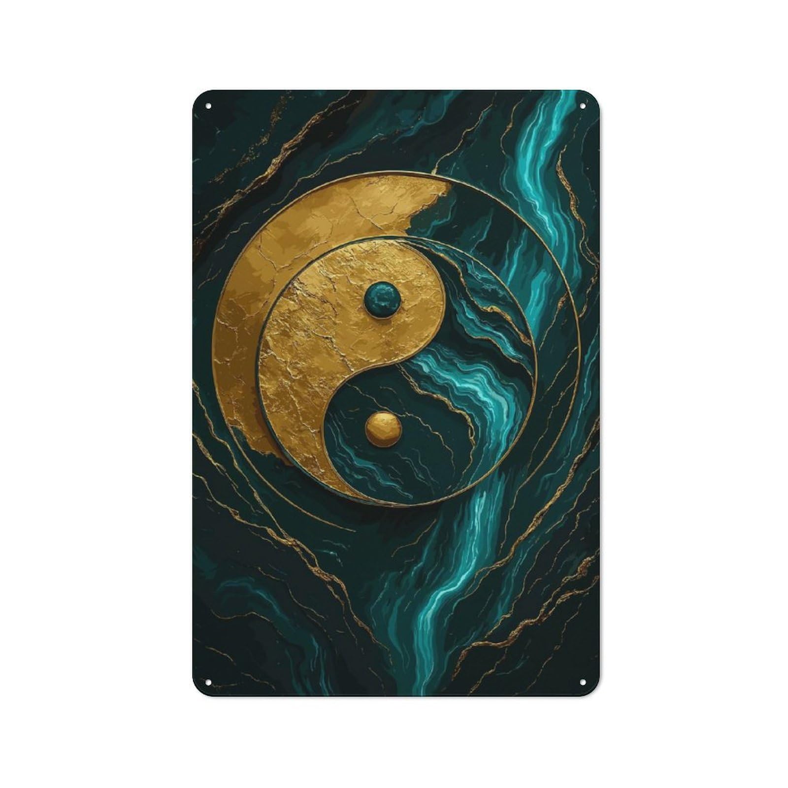 Junmoney Golden Yin Yang On Teal Marble Vintage Tin Sign 30X20cm Featuring Porch Wall Decor For Patio Bar, Workshop, Shed Or Kitchen