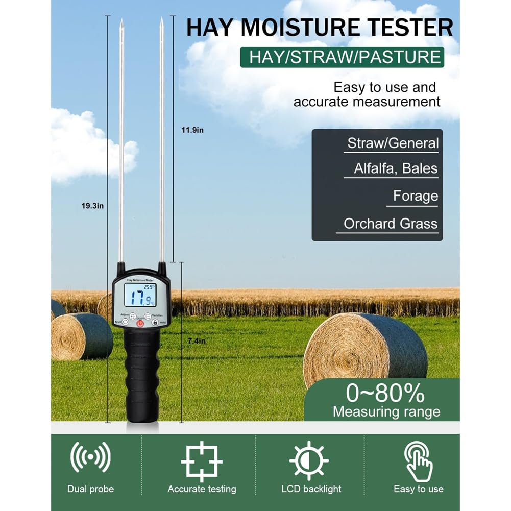 Medidor de Humedad de Heno con Sonda Doble. Medidor de Humedad de Forraje con Compensación Automática de Temperatura para Alfalfa y Pacas.