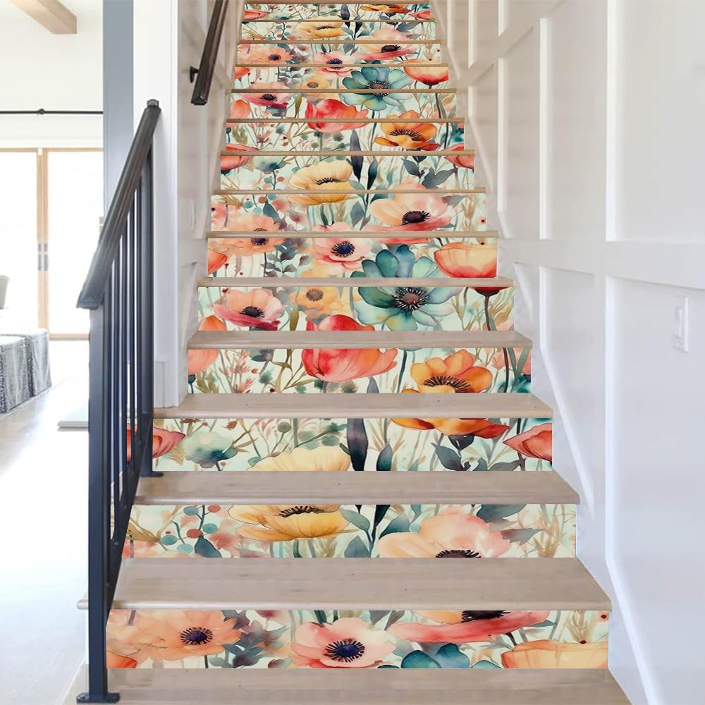 REDAMANCY Watercolor Boho Colorful Poppies Peel and Stick Vinyl Stair Riser Decals Staircase Tile Stair Stickers Abstract Art Modern Decoration Self-Adhesive Home Decor Stair Decals (14 Pcs)