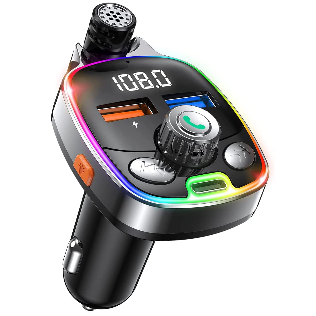 Bluetooth 5.0 FM Transmitter for Car, 7 Colors LED Backlit Car Radio Bluetooth Adapter,Type-C PD 18W & Dual-Port QC3.0 Fast USB Charger,Supports USB Flash Drive, TF Card