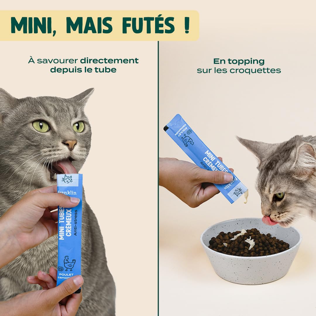 FRANKLIN – Tube Crémeux Chat – Multipack Creamy Snack – Saveurs Poulet, Thon, Saumon – Texture Crémeuse et Onctueuse – Ingrédients 100% Naturels – Faible en Calories – 30 Tubes x 15g