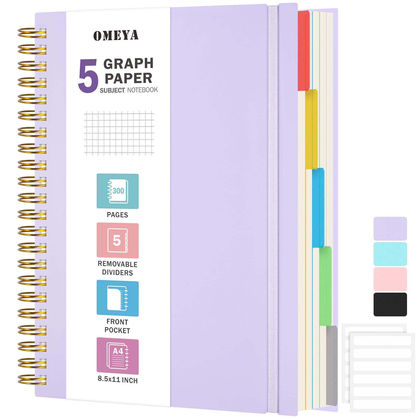 Graph Paper Notebook 8.5" X 11": 5 Subject Graphing Notebook with Dividers