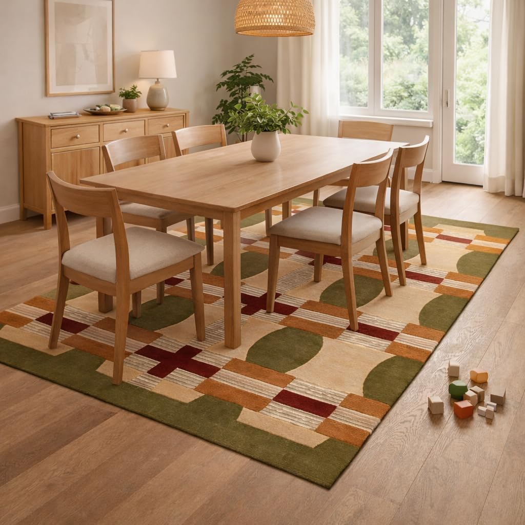 Multicolor Geometric Mosaic Wool Rug, Handmade Hand-Tufted Luxury Area Carpet for Living Room, Bedroom & Dining (7x10, 6x9, 8x10)