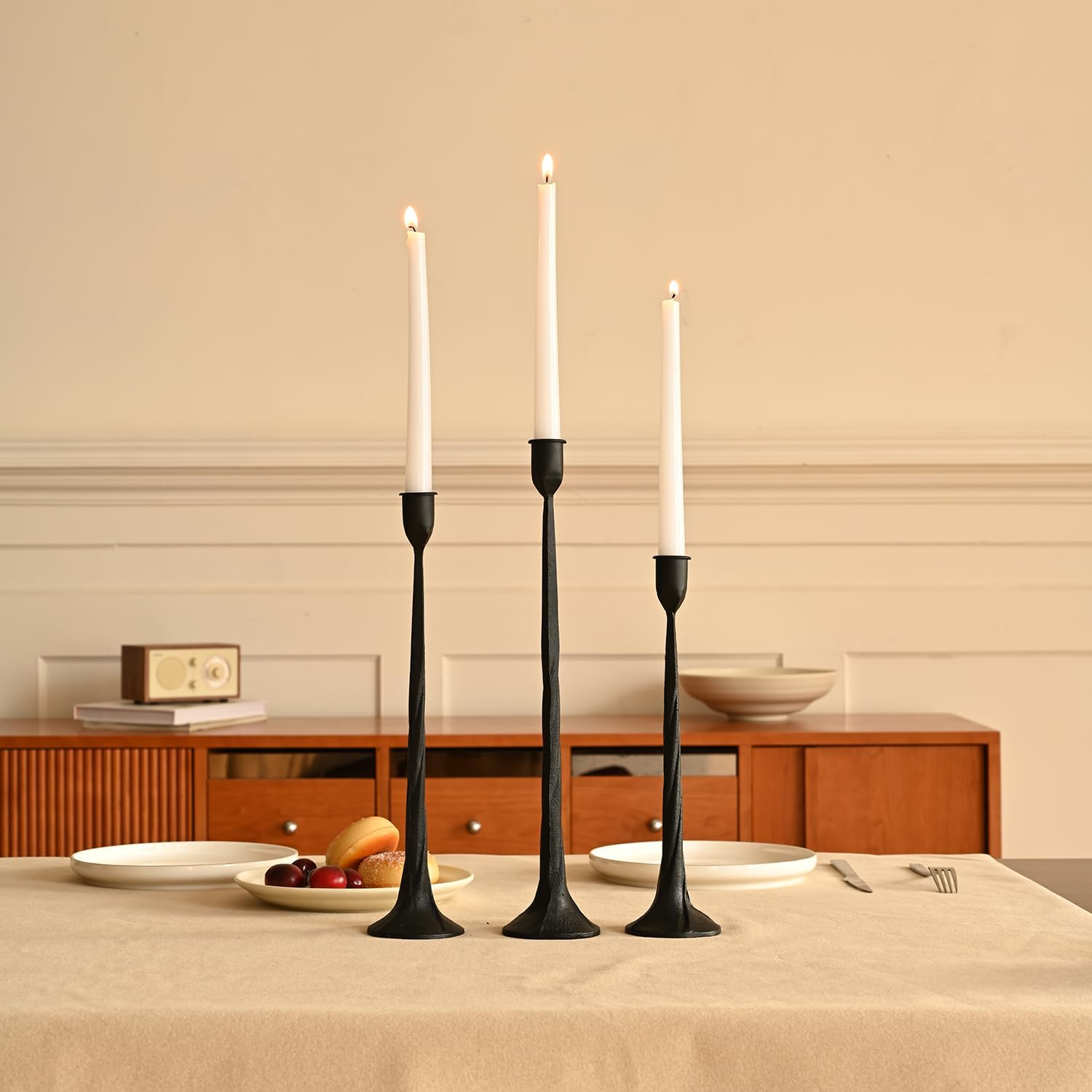 Set of 3 Candle Stick Holders, Iron Black Candlestick Holders, Fits 3/4 inch Fits 3/4 inch Thick Candles, Tapered Candle Holders Tall Set for Dining Table, Wedding, Home Decoration Black-twisted 12”,14”,15.5”