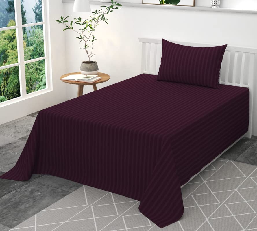Image of 300 TC Glace Cotton Plain Stripe Queen Size Single Bedsheet with 1 Pillow Cover for Home, Hotel, Guest Room (60 X 90) Inch Maroon Pack 1