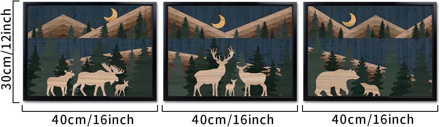 Visual Art Decor Bear Moose Deer Canvas Wall Art Mountain Forest Moon Painting Cabin Wall Decor, Black Frame 12"x16"x3 Pcs, Farmhouse Living Room Bedroom Bathroom Decor, Deep Blue & Brown