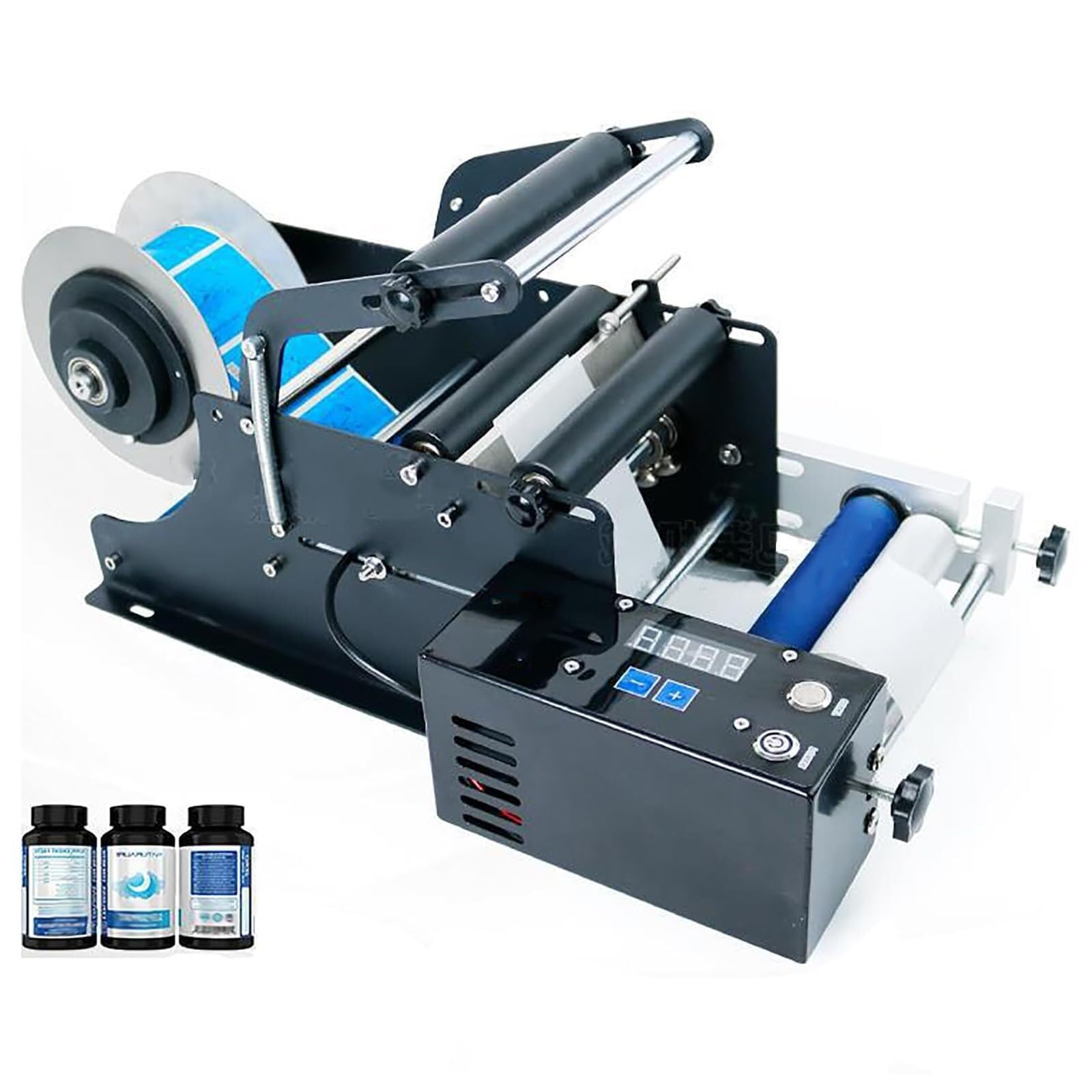 Elektryczny aplikator etykiet do okrągłych butelek Maszyna do etykietowania, etykieciarka do szklanych plastikowych butelek, do średnicy 15-120 mm, 15-30 szt./min