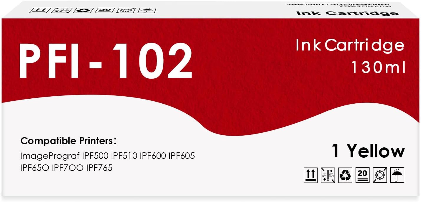 PFI-102Y PFI102Y Ink Cartridge Replacement for Canon PFI-102 for ImagePrograf IPF500 IPF510 IPF600 IPF605 IPF650 IPF700 IPF765 Printer (1 Yellow)
