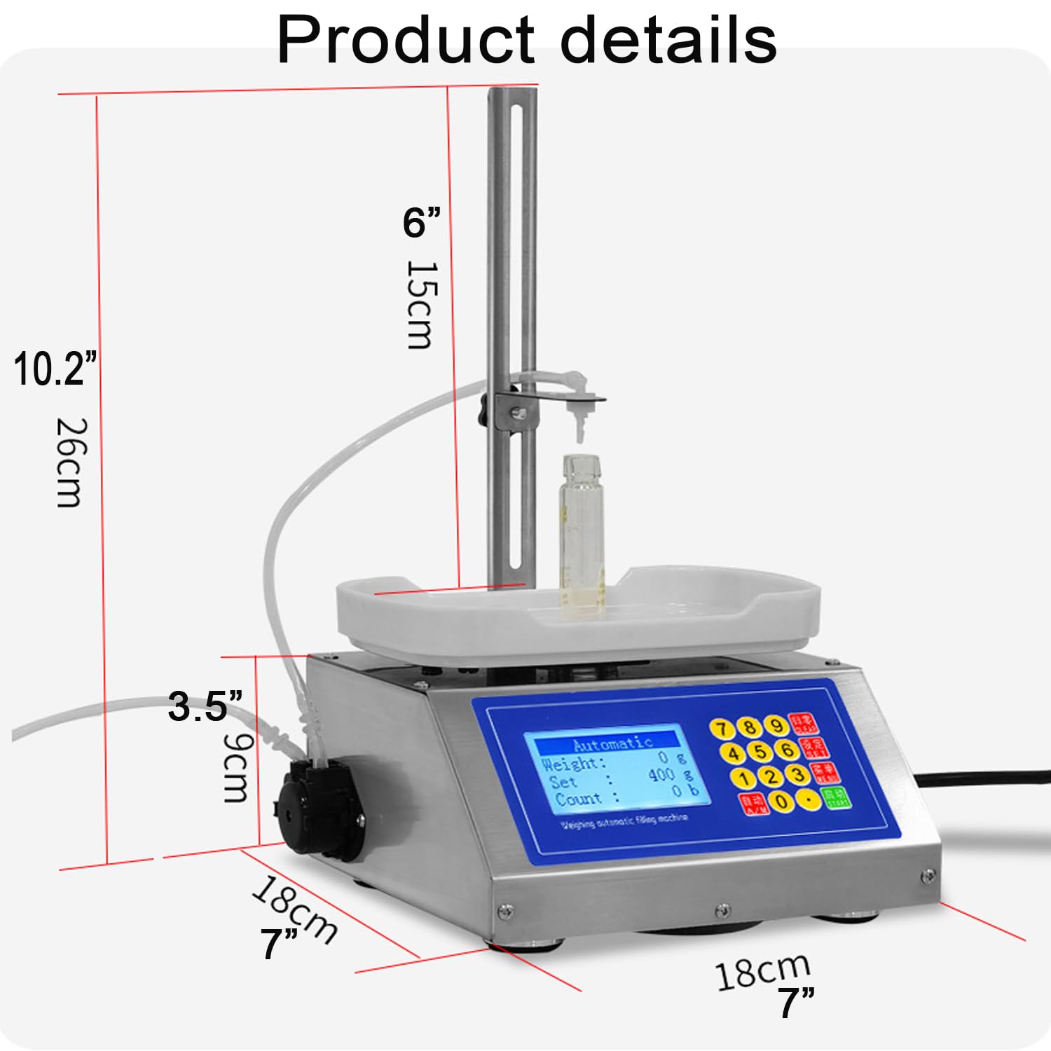 Quantitative Flüssigkeitsfüllmaschine, Füllvolumen 0,5 ml - 50 ml, Schlauchpumpen-Flüssigkeitsfüllmaschine, Durchflussmenge (max) 90 ml/min, für Parfüm, Wasser, Milch, Saft, ätherische Öle