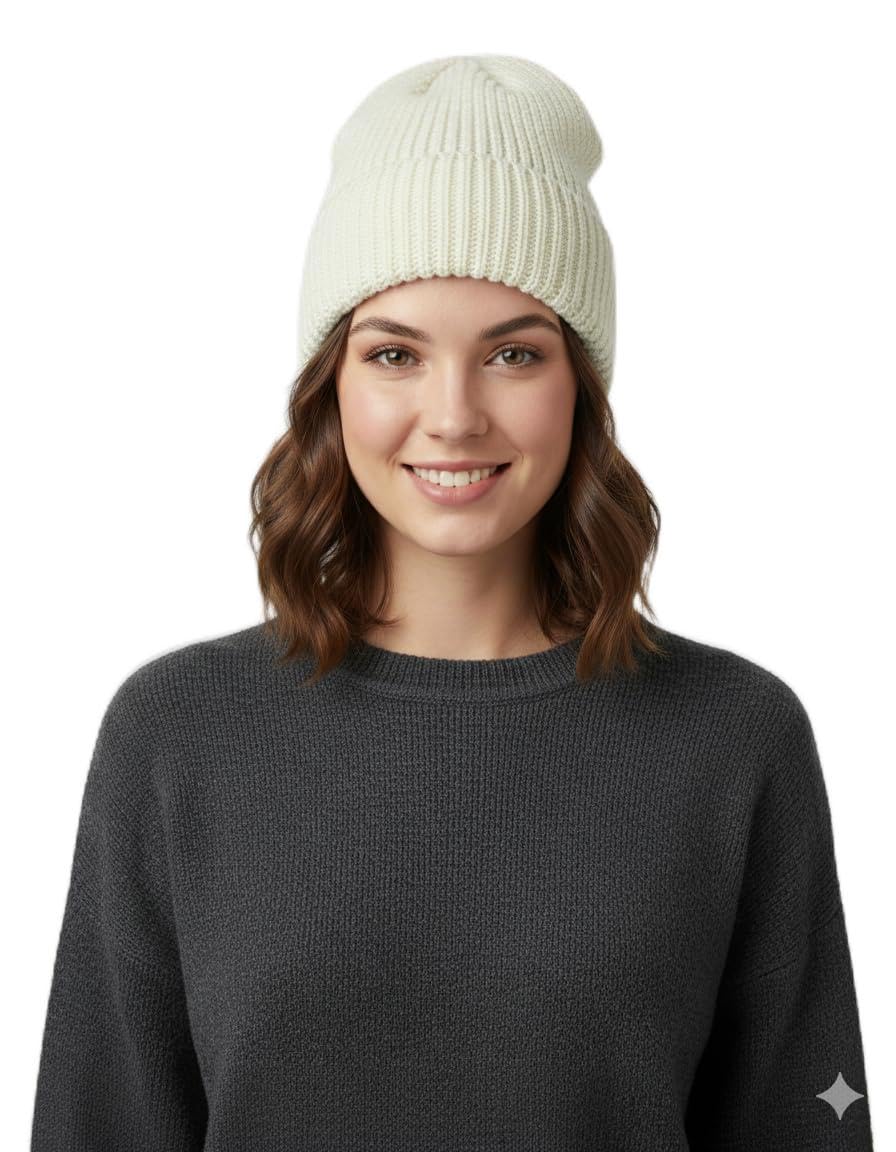 Unisex Classic Knitted Beanie Cap, Cream White, Winter Warm Handmade, Ribbed Style, Casual Wear