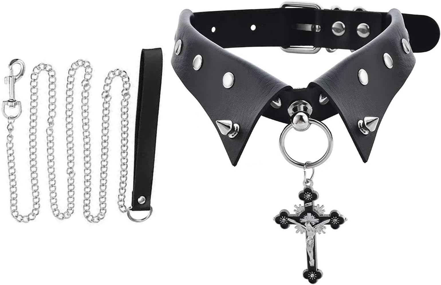 Gothic Choker PU Leather Collar with Cross Pendant Rivets, Adjustable Punk Necklace with Leash for Women, Black
