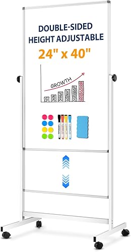 WALGLASS - Pizarra blanca enrollable de doble cara de 24 x 40 pulgadas, reversible, con soporte, pizarra blanca magnética sobre ruedas, pizarra