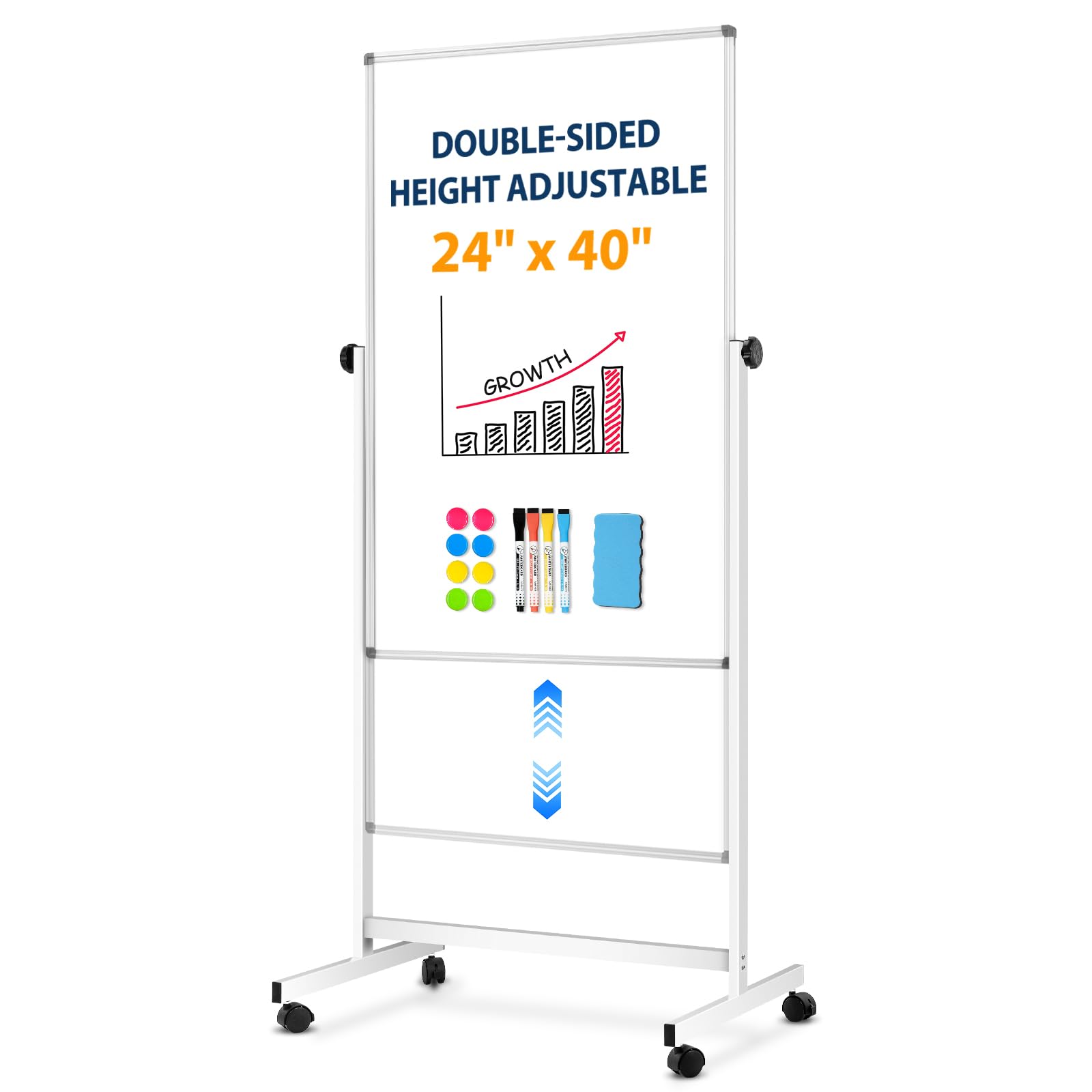 [13 Sq/ft] WALGLASS Double-Sided Rolling Whiteboard, 24"x40" Reversible Dry Erase Board with Stand, Magnetic White Board on Wheels, Standing Mobile Whiteboard, School Supplies, Classroom, Office, Home