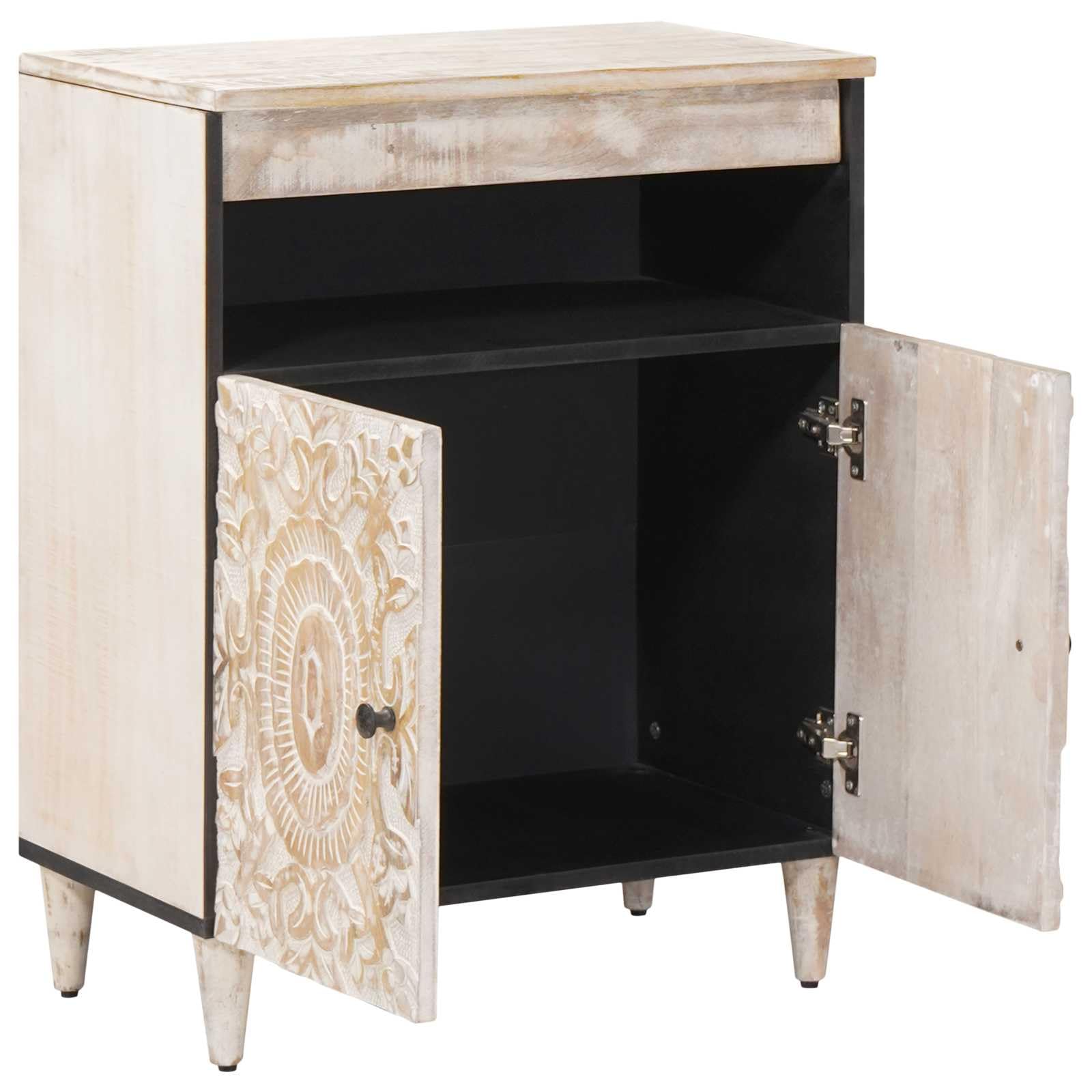 Étagère DVD bois de mangue massif blanc, petit buffet de salon avec portes