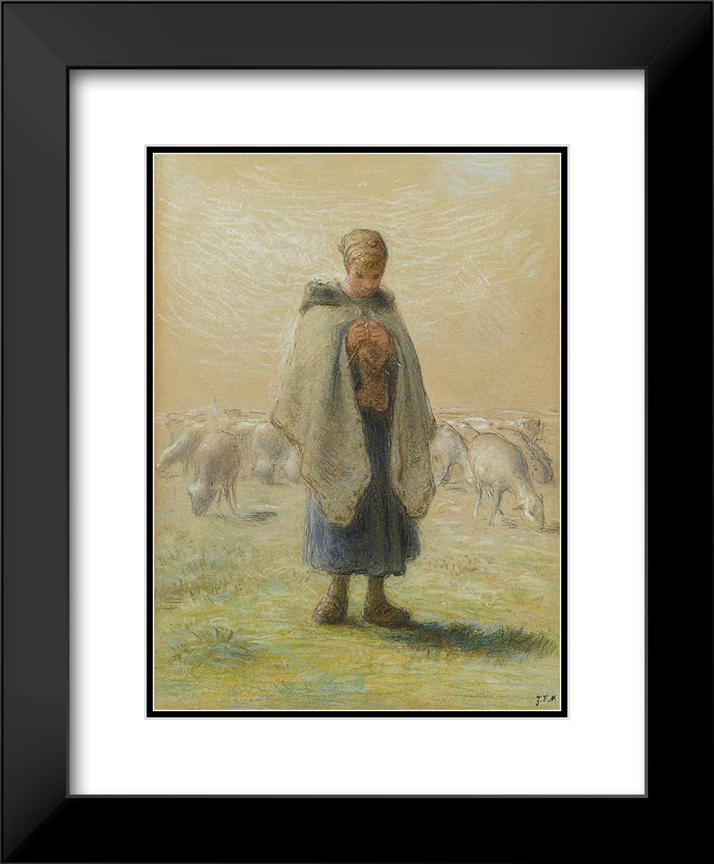 ArtDirect Jean-François Millet 14x18 Black Modern Frame and Double Matted Museum Art Print Titled - Little Knitting Shepherdess