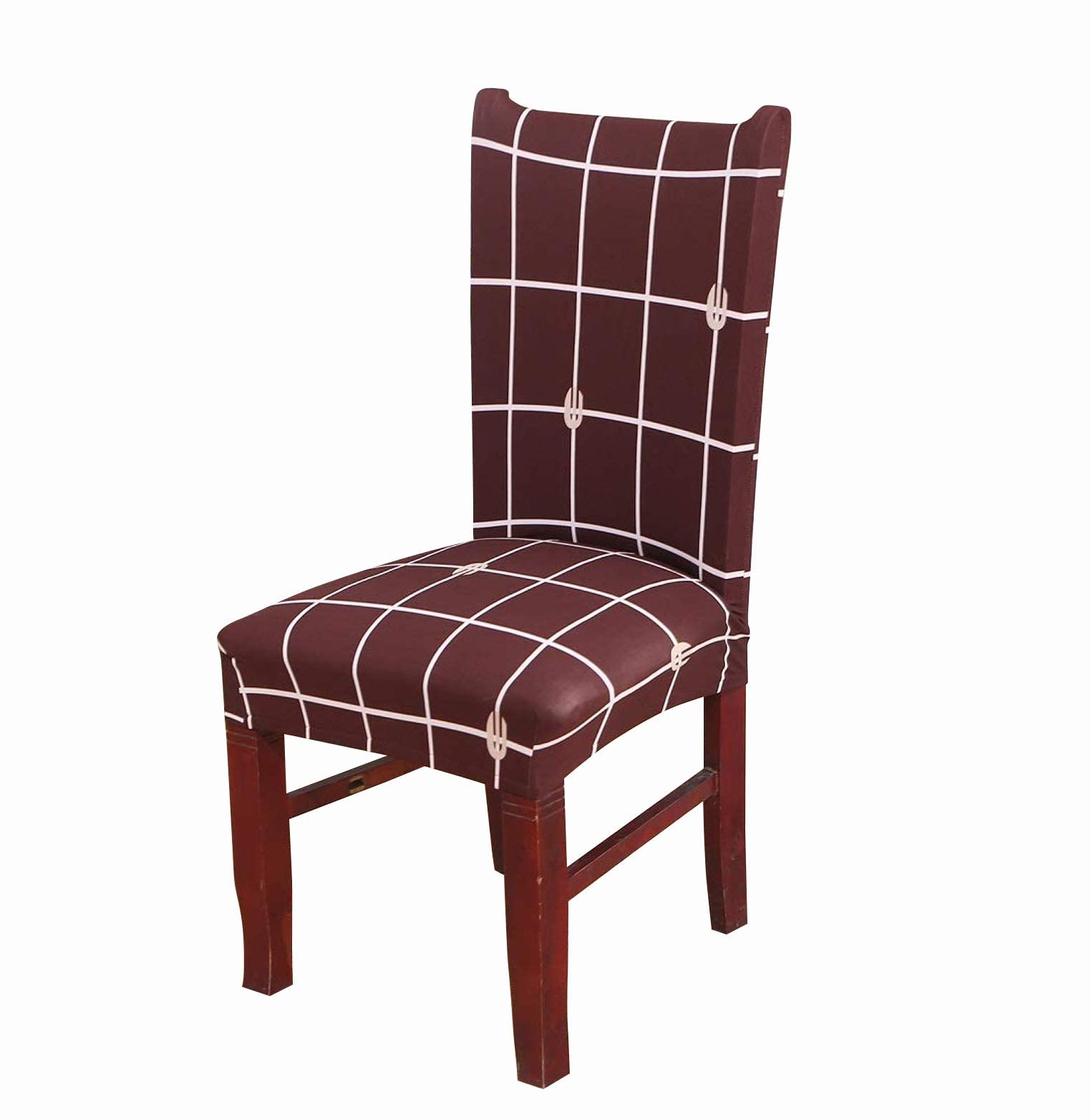 House of Quirk Polyester Spandex Printed Chair Cover Stretch Removable Washable Short Dining Chair Cover Protector Seat Slipcover (Brown Check, Pack of 1)